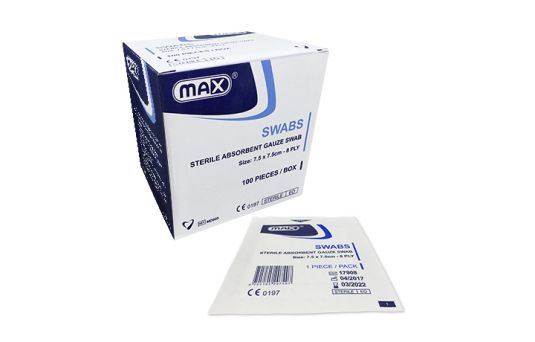 Max Sterile Gauze Swab 8ply, 7.5cm x 7.5cm, 100pcs