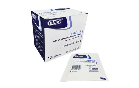 Max Sterile Gauze Swab 8ply, 5cm x 5cm, 100pcs/box