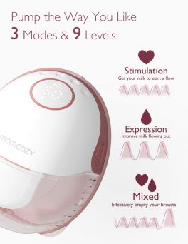 Momcozy M6 motor display featuring 3 pumping modes and 9 intensity levels with Ideal Rhythm technology for more milk at CHS Pharmacy UAE.