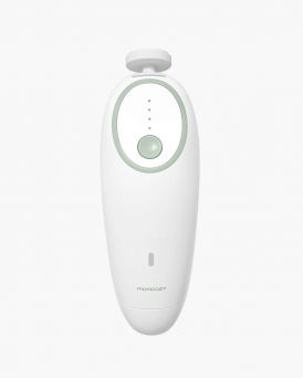 Front view of the Momcozy Electric Baby Nail File trimmer featuring the ergonomic white and green body, 4-speed LED indicators, and a built-in LED light for safe night-time grooming at CHS Pharmacy UAE.