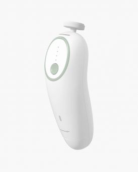Side view of the ergonomic Momcozy Electric Baby Nail File featuring a curved grip and Type-C rechargeable port for safe and comfortable baby grooming at CHS Pharmacy UAE.