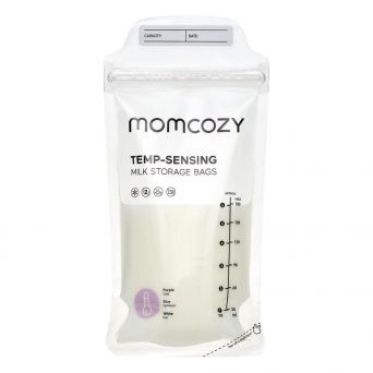 Momcozy Temp-Sensing Milk Storage Bags displaying the color-changing temperature indicator guide: Purple for cold (<36°C), Blue for optimal feeding temperature (36-40°C), and White for hot (>40°C). Shows a large supply of 180ml/6oz capacity bags at CHS Ph