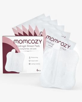 Two Momcozy Hydrogel Breast Pads showing the unique contoured shape and cut-out design for soothing cooling relief on sore nipples, available at CHS Pharmacy UAE.