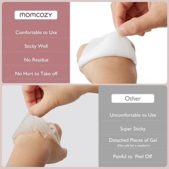 Comparison of Momcozy Hydrogel Breast Pads vs. competitors: Momcozy pads are sticky yet comfortable, leave no residue, and do not hurt to take off. Competitor pads are shown as uncomfortable, super sticky, leaving detached gel pieces, and painful to peel 
