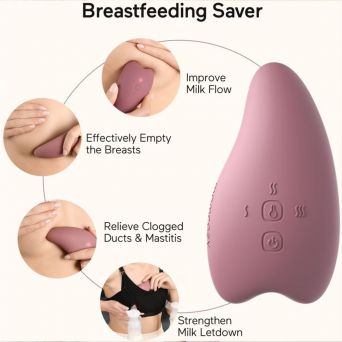 Momcozy 2-in-1 Lactation Massager in Pink alongside its packaging, featuring a Gua Sha-inspired design with 6 vibration modes and 3 heat settings to relieve clogged ducts and strengthen milk letdown for mothers at CHS Pharmacy UAE.