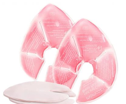 Set of two Momcozy Hot and Cold Breast Therapy Pads in pink with printed instructions and two soft white covers. These reusable gel packs can be used as mastitis cooling pads or a breast heating pad to relieve engorgement and clogged ducts, providing full