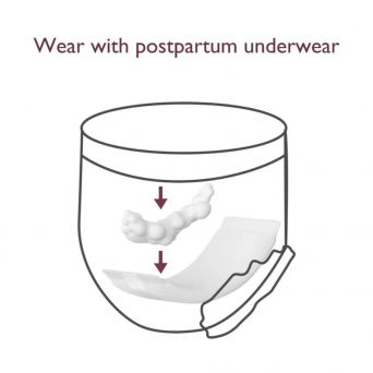 Diagram illustrating how to use Momcozy Disposable Period Underwear with an additional postpartum ice pad or soothing pad. The illustration shows inserting a post pregnancy sanitary pad into the high-waist underwear, which features special edge guards to 