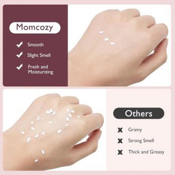 Infographic comparing the texture of Momcozy Nipple Cream against other brands. The Momcozy side shows a smooth, fresh, and moisturizing finish with a slight natural smell, while traditional brands appear grainy, thick, and greasy. This visual demonstrate
