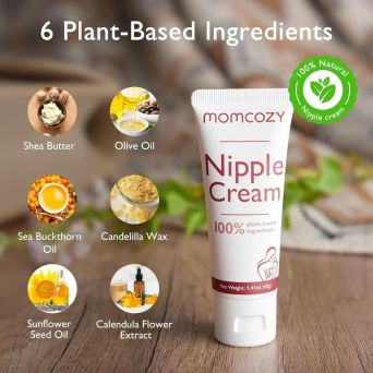 Infographic detailing the 6 plant-based ingredients in Momcozy Nipple Cream: Shea Butter, Olive Oil, Sea Buckthorn Oil, Candelilla Wax, Sunflower Seed Oil, and Calendula Flower Extract. This 100% natural, vegan, and lanolin-free formula is designed to pro
