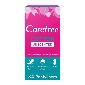 Carefree Panty Liners, Cotton, Unscented, Pack Of 34