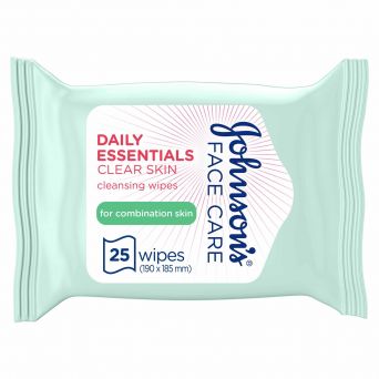 Johnson's Cleansing Face Wipes, Daily Essentials, Clear Skin, Combination Skin, Pack Of 25 Wipes