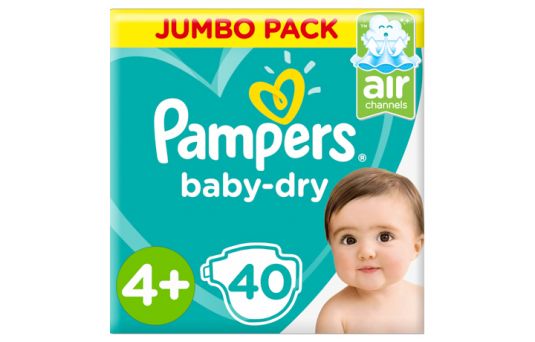 Pampers Baby-Dry Diapers, Size 4+, Maxi+, 10-15kg, Jumbo Pack, 40's