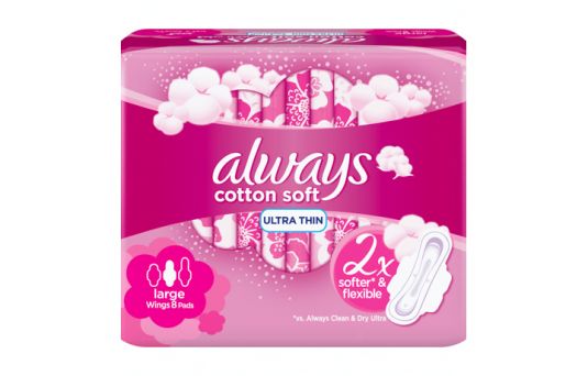 Always Cotton Soft Ultra-Thin, Large Sanitary Pads with Wings, 8 Pads