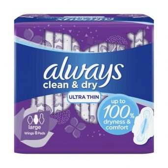 Always Clean & Dry Ultra-Thin, Large Sanitary Pads with Wings, 8 Pads