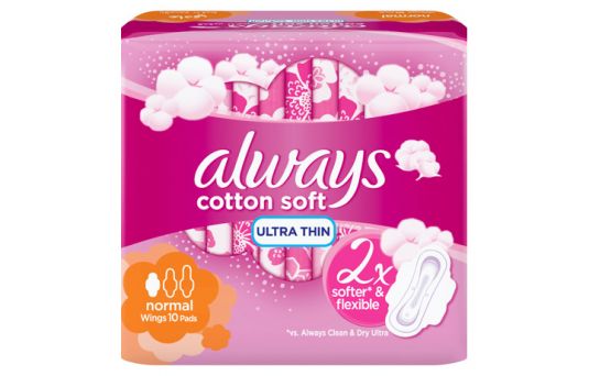 Always Cotton Soft Ultra-Thin, Normal Sanitary Pads with Wings, 10 Pads