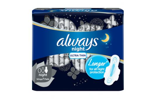 Always Clean & Dry Ultra-Thin, Night Sanitary Pads with Wings, 7 Pads