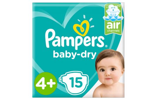 Pampers Baby-Dry Diapers, Size 4+, Maxi+, 10-15kg, Carry Pack, 15's