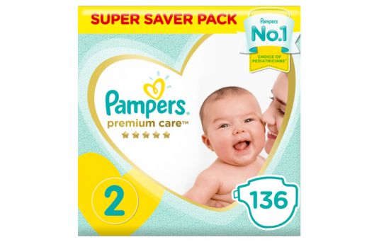 Pampers Premium Care Diapers, Size 2, Mini, 3-8 kg, Super Saver Pack, 136's