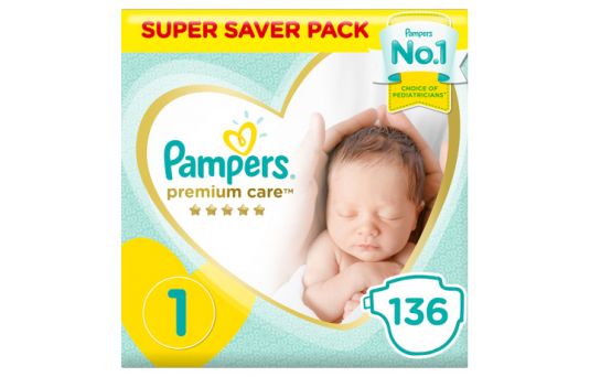 Pampers Premium Care Diapers, Size 1, Newborn, 2-5 kg, Super Saver Pack, 136's