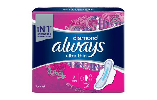 Always Diamond Ultra-Thin, Large Sanitary Pads with Wings, 7 Pads