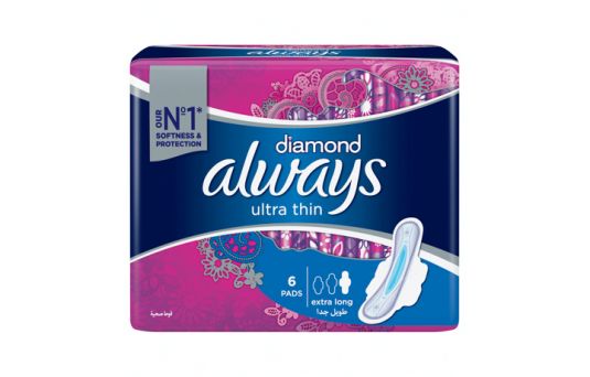 Always Diamond Ultra-Thin, Extra Long Sanitary Pads with Wings, 6's
