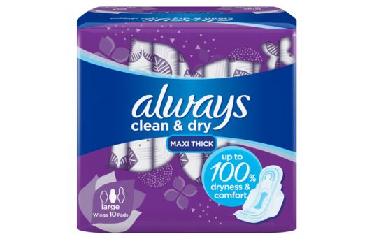 Always Clean & Dry Maxi Thick, Large Sanitary Pads with Wings, 10 Pads