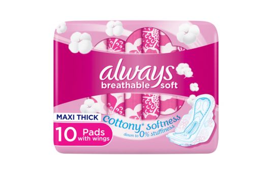 Always Cottony Soft Maxi Thick, Large Sanitary Pads with Wings, 10 Pads