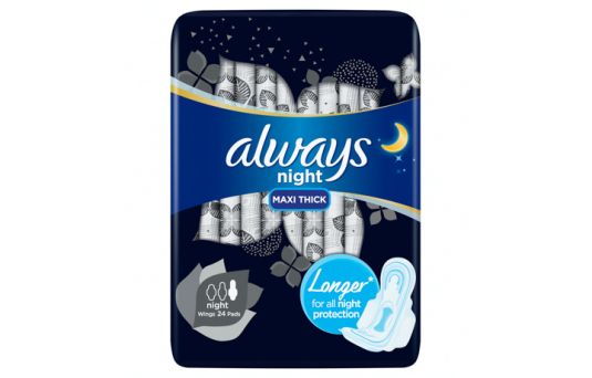 Always Clean & Dry Maxi Thick, Night Sanitary Pads with Wings, 24's