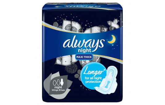 Always Clean & Dry Maxi Thick, Night Sanitary Pads with Wings, 8's