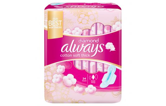 Always Diamond Cotton Soft Maxi Thick, Large Sanitary Pads with Wings, 24 Pads