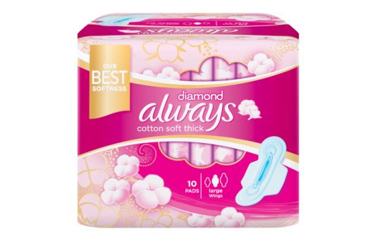 Always Diamond Cotton Soft Maxi Thick, Large Sanitary Pads with Wings, 10 Pads