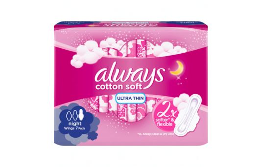 Always Cotton Soft Ultra-Thin, Night Sanitary Pads with Wings, 7 Pads