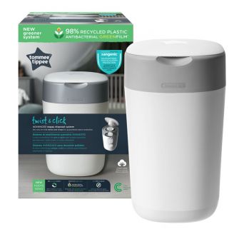 Tommee Tippee Twist and Click Advanced Nappy Bin, Eco-Friendlier System, Includes 1x Refill Cassette with Sustainably Sourced Antibacterial GREENFILM, White