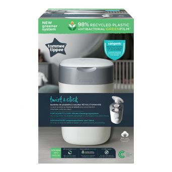 Tommee Tippee Twist and Click Advanced Nappy Bin, Eco-Friendlier System, Includes 1x Refill Cassette with Sustainably Sourced Antibacterial GREENFILM, White