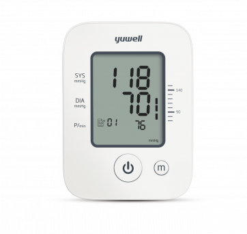 Yuwell Electronic Blood Pressure Monitor J02.YE660D.A front view showing digital LCD display, upper-arm measurement design, and power button for home use.
