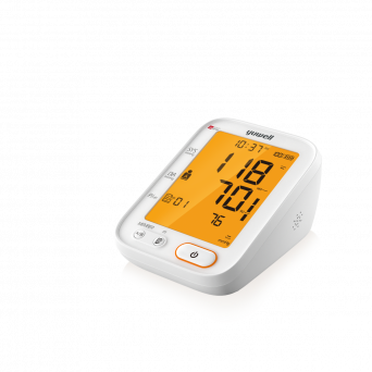Yuwell Electronic Blood Pressure Monitor J02.YE680B.A side view showing orange backlit display, control buttons, and modern compact design for home use.