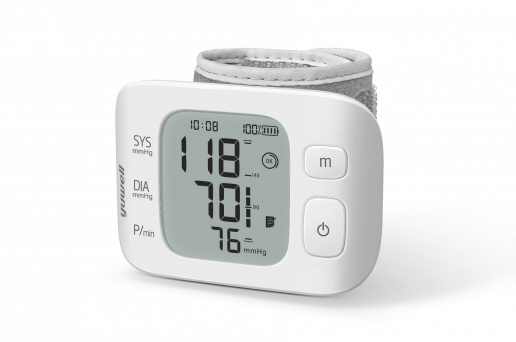 Yuwell Electronic Blood Pressure Monitor J02.YE8800AR.A wrist-type model showing LCD display, voice speaker, and USB Type-C port for power supply.