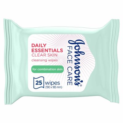 Johnson's Cleansing Face Wipes, Daily Essentials, Clear Skin, Combination Skin, Pack Of 25 Wipes